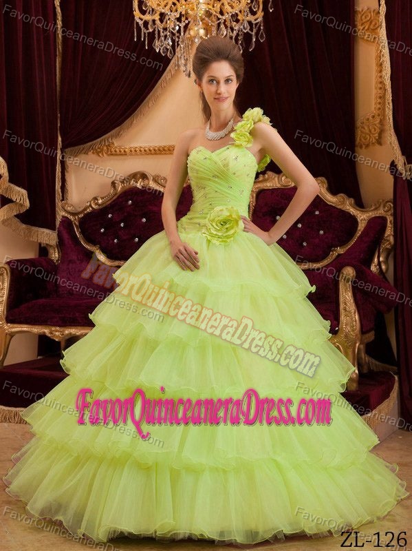 Princess Floor-length Yellow Green for Quince Dresses with One Shoulder